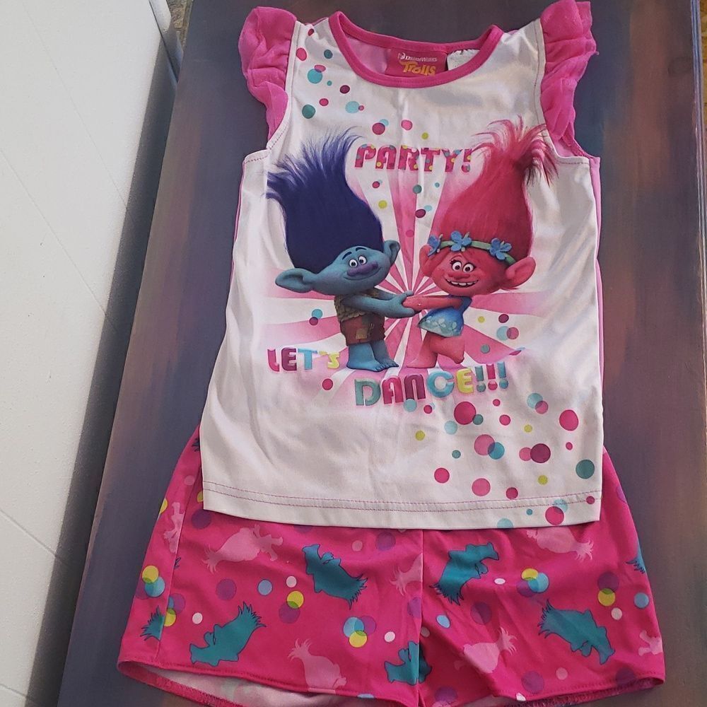 Brightly Colored Dreamworks Trolls "Party! Let's Dance!!!" Pajamas Sz 7/8